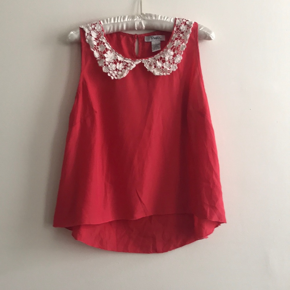 Coral top with lace Peter Pan collar